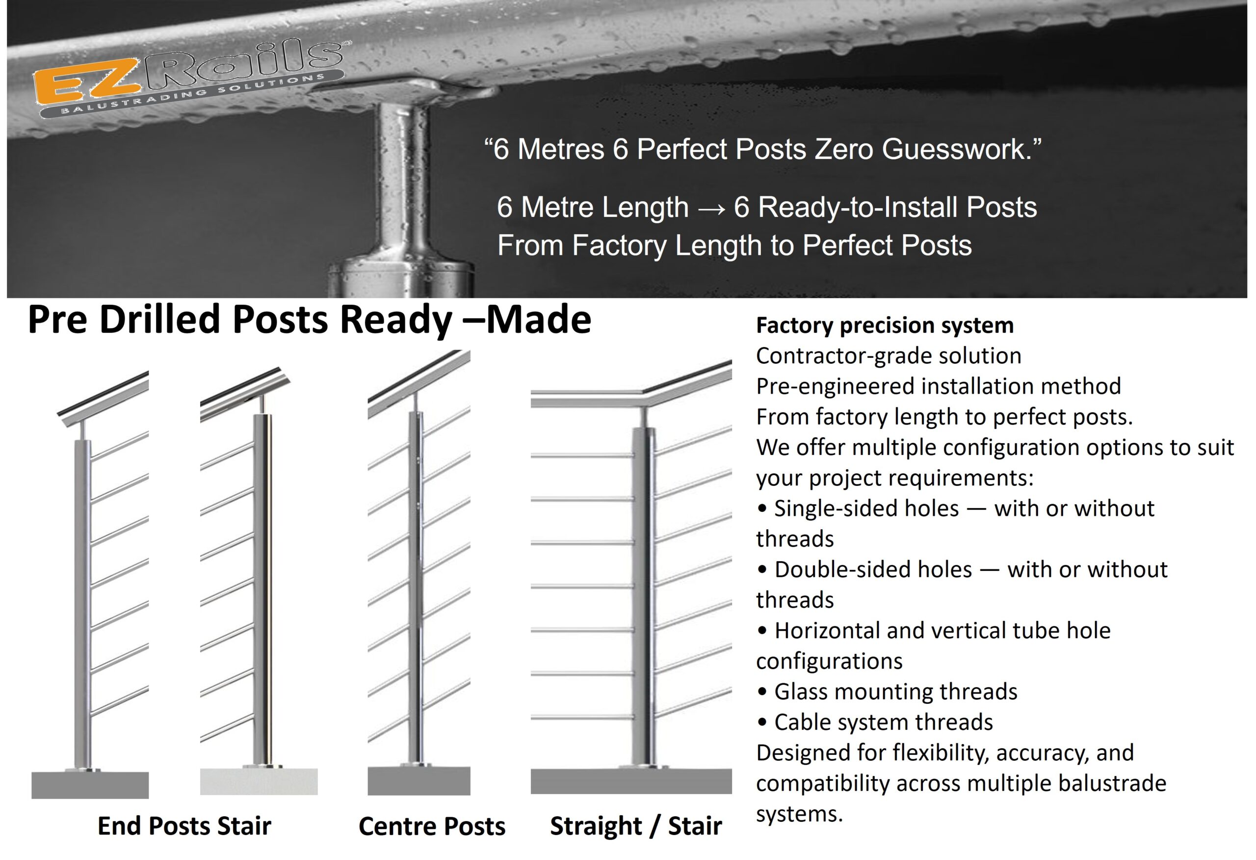 EZRails® Smart-Cut 6m Tube Post System Stair Center Post